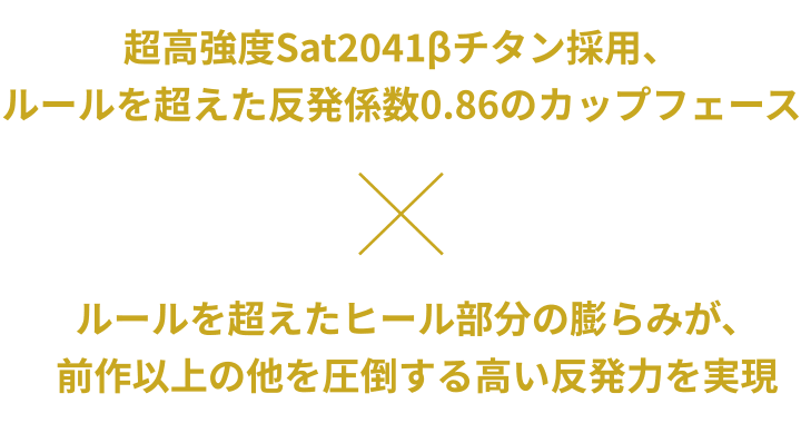 超高強度Sat2041βチタン採用、ルールを超えた反発係数0.86のカップフェース×ルールを超えたヒール部分の膨らみが、前作以上の他を圧倒する高い反発力を実現