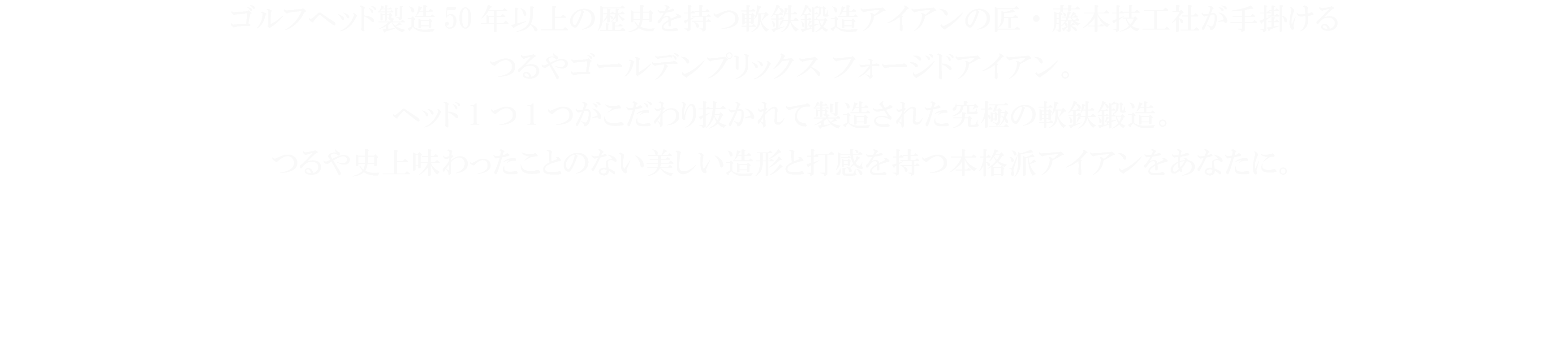ゴルフヘッド製造50年以上の歴史を持つ軟鉄鍛造アイアンの匠・
            藤本技工が手掛けるつるやゴールデンプリックス、フォージドアイアン。
            ヘッド１つ１つがこだわり抜かれて製造された究極の軟鉄鍛造。つるや史上味わったことのない美しい造形と打感を持つ本格派アイアンをあなたに。