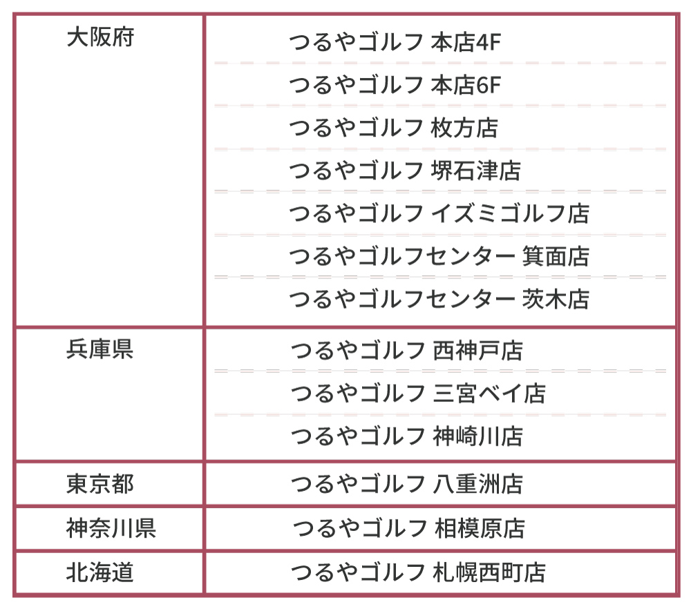 試打可能店舗一覧
                            つるやゴルフ本店4・6階
                            枚方店。
                            堺石津店。
                            イズミゴルフ店。
                            箕面店。
                            茨木店。
                            西神戸店。
                            三宮ベイ店。
                            神崎川店。
                            八重洲店。
                            相模原店。
                            札幌西町店。
