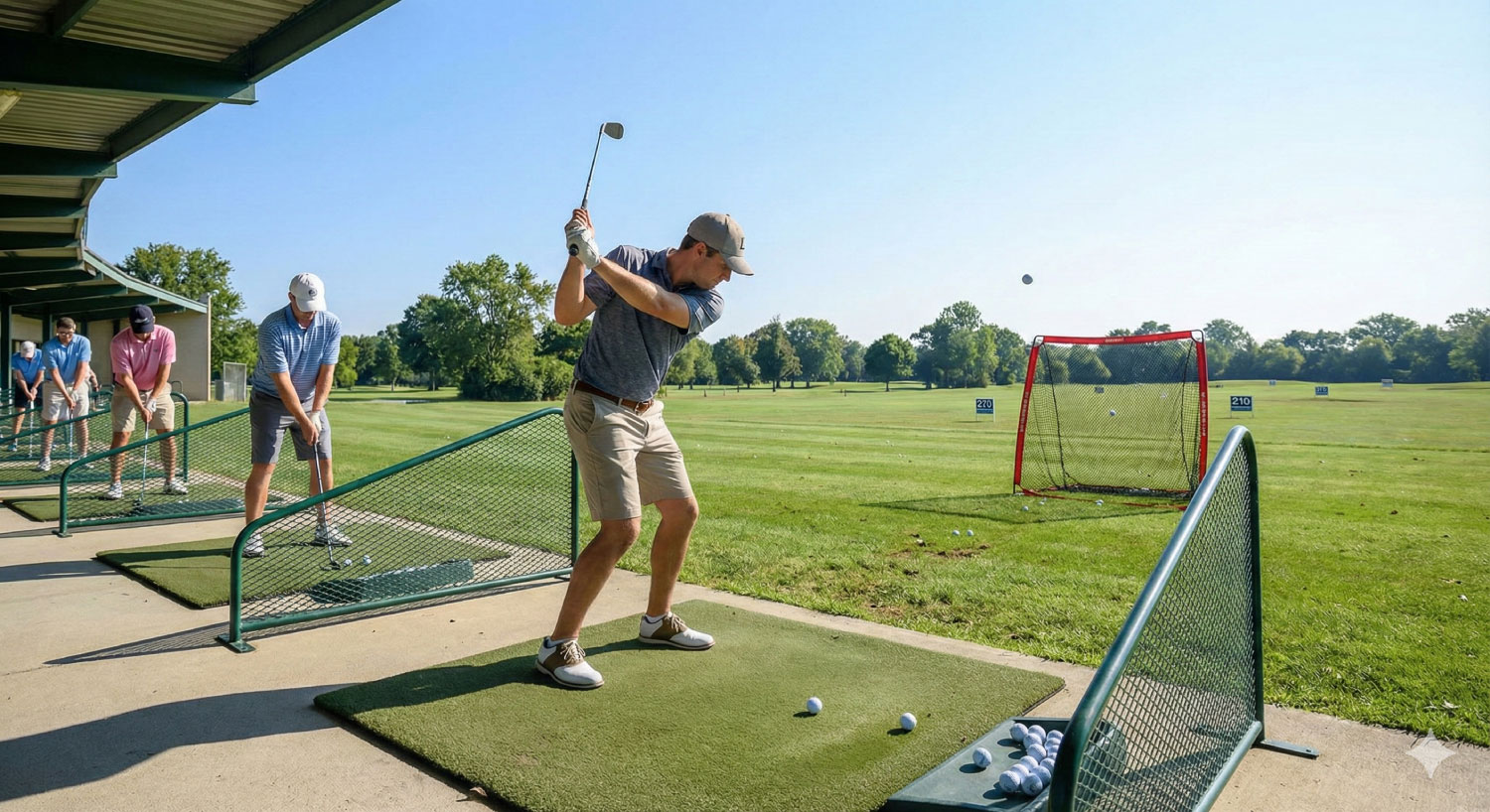 ゴルフ練習場で男性がゴルフの練習をしているシーン